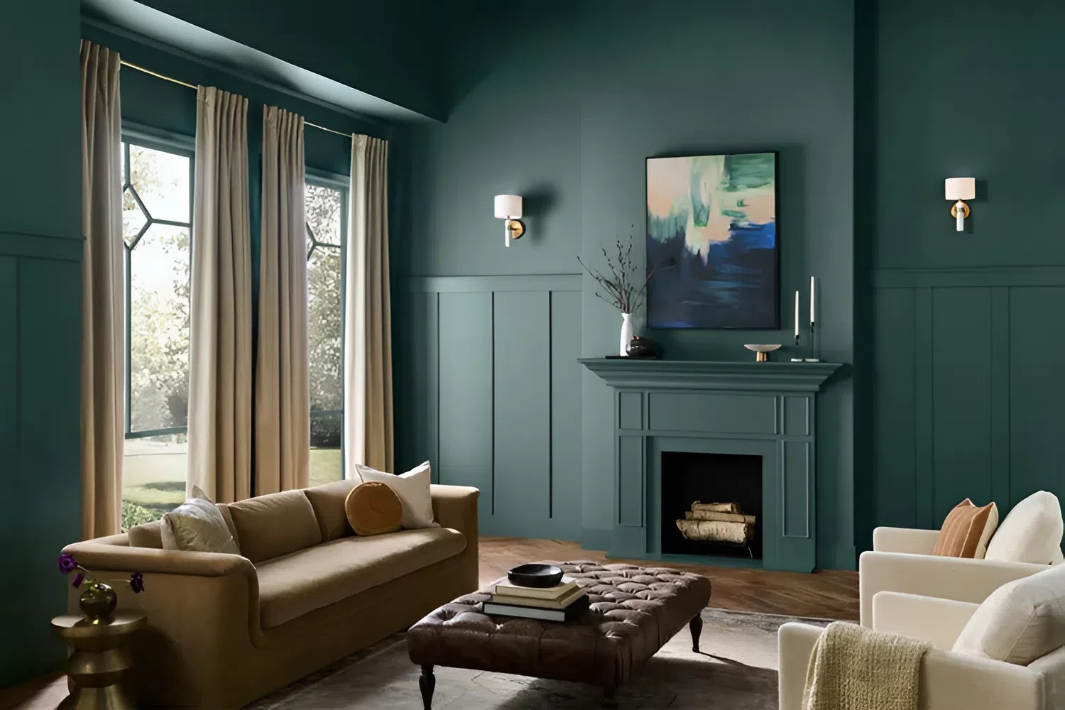 Living room with deep green painted walls, smooth matte finish, and precise trim work by an interior painter in Jacksonville, FL