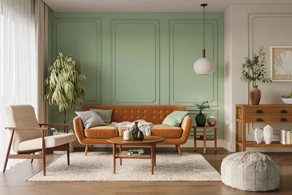 Soft sage green living room walls with decorative panel molding and smooth satin finish by an interior painter in Jacksonville, FL