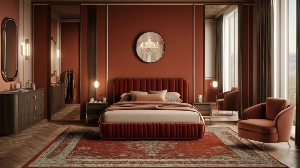 Warm terracotta bedroom walls with paneled detailing and smooth paint finish by a house painter in Jacksonville, FL
