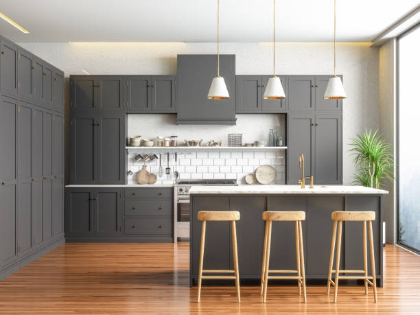 Matte dark gray painted kitchen cabinets with smooth finish and clean lines by a cabinet painter in Jacksonville, FL
