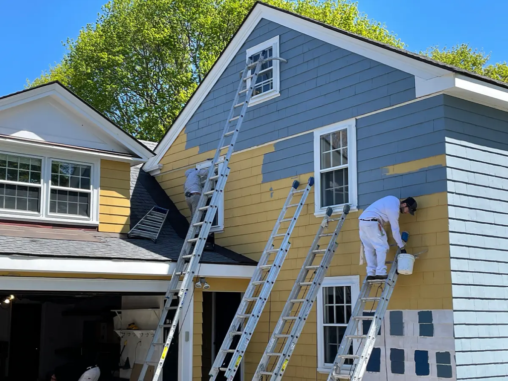 Residential home exterior painting in progress with color transition by an exterior painter in Duval County, FL